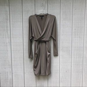 BCBGMaxAzria taupe sage wrap formal cocktail dress